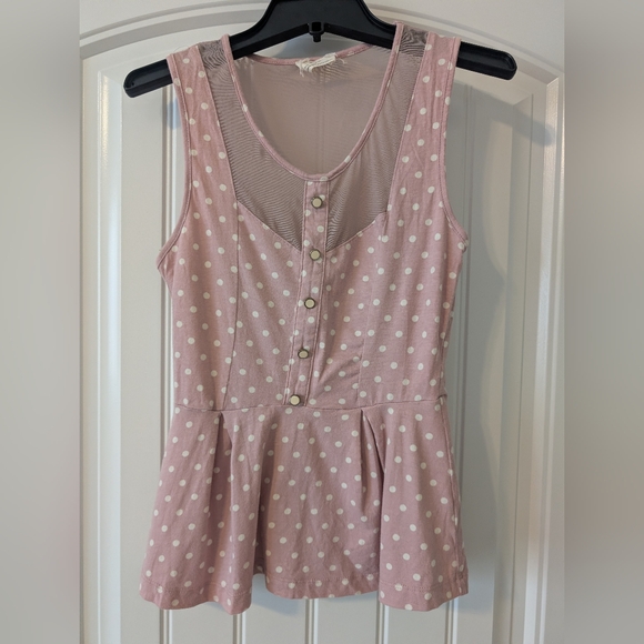 Pins & Needles Tops - Small Pins and Needles Pink Polka Dot Peplum Mesh Button Front Tank Top
